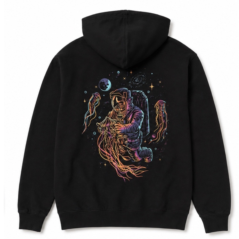 COVE USA Mens Black Astronaut Jellyfish Space Graphic Hoodie Streetwear Large
